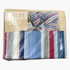 Caress - Nantucket Stripe Red, Blue - Queen Percale Sheet Set